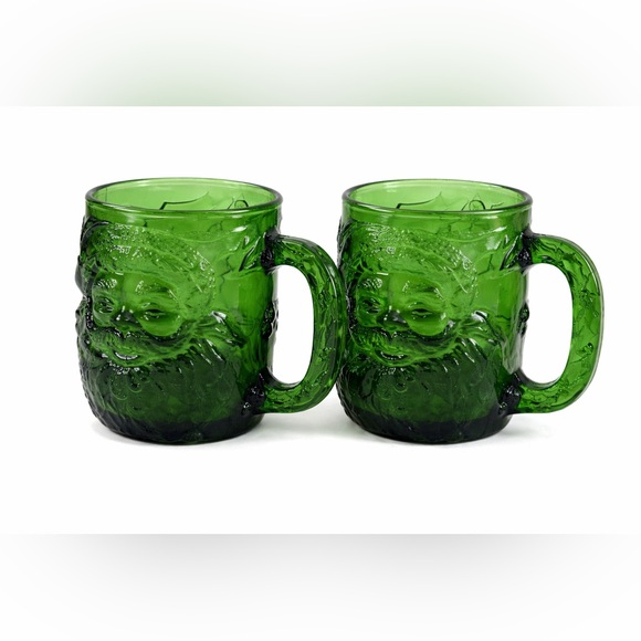 Vintage Emerald Green Santa Face Glass Mugs Set of 2 Christmas 4” - Picture 2 of 9